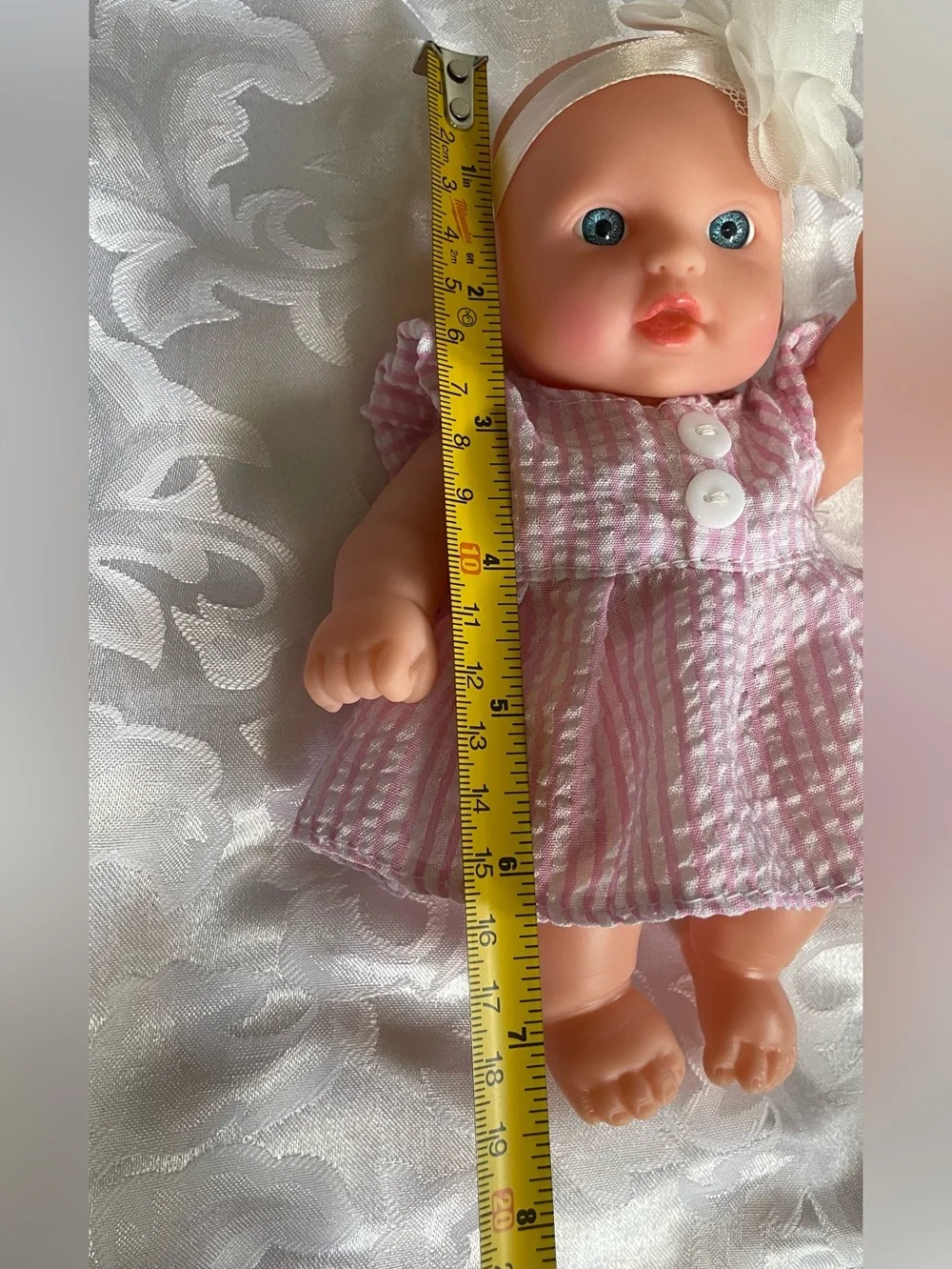 Cute 7” Baby Doll Pink Dress Blue Eyes Movable Arms Legs